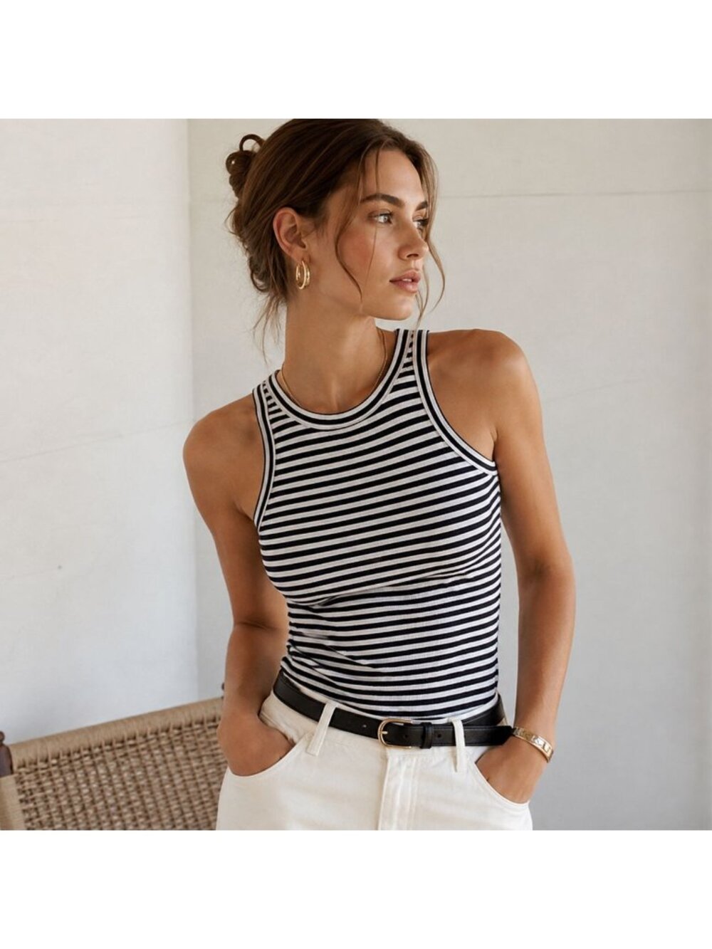 Witchery Navy White Breton Stripe Ribbed Cotton Tank Top Womens Sz 2 Nautical